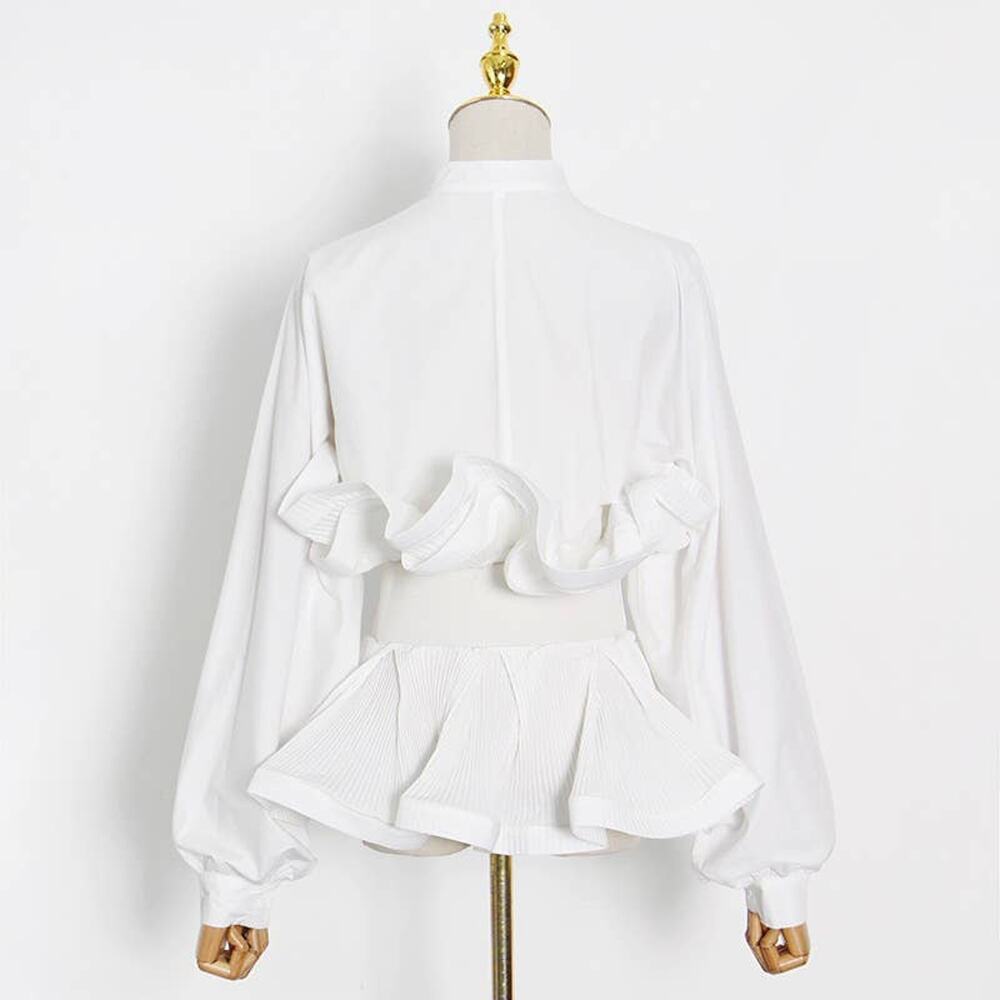 Spring Ruffle Belted Top with Stand Collar - Picture 3 of 14